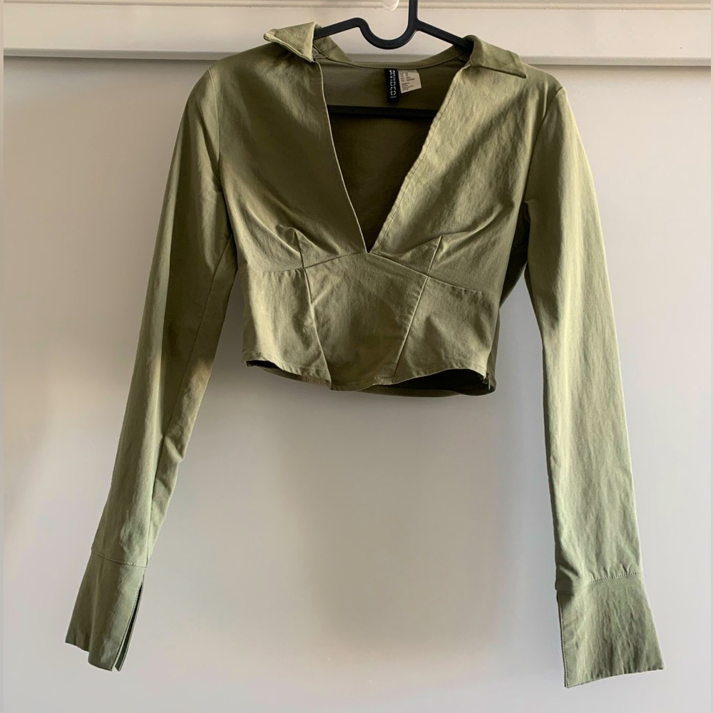 Long-Sleeved Collared Olive Top